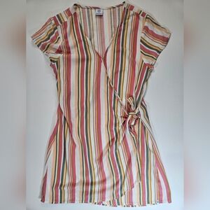 Hurley Wrap Front Dress Womens M White Green Pink Vertical Stripe‎ Front Tie